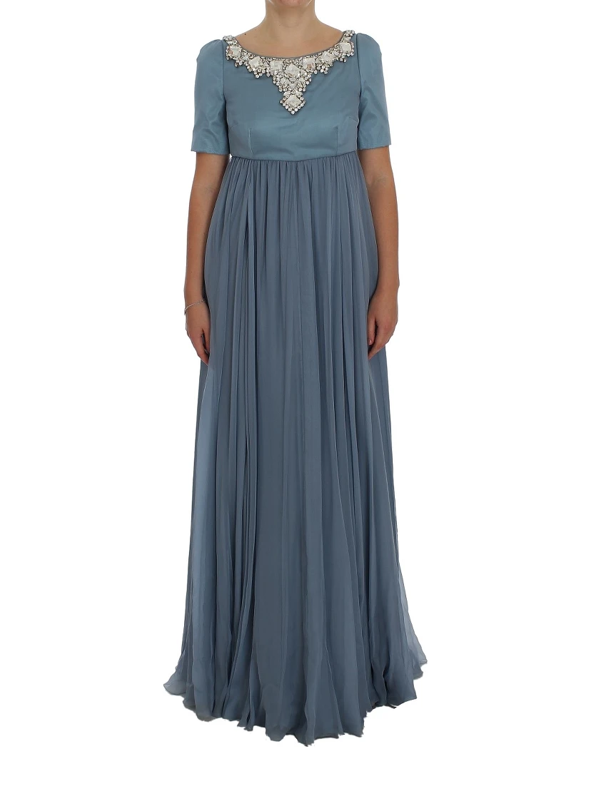 Blue Silk Crystal Sheath Gown Ball Dress
