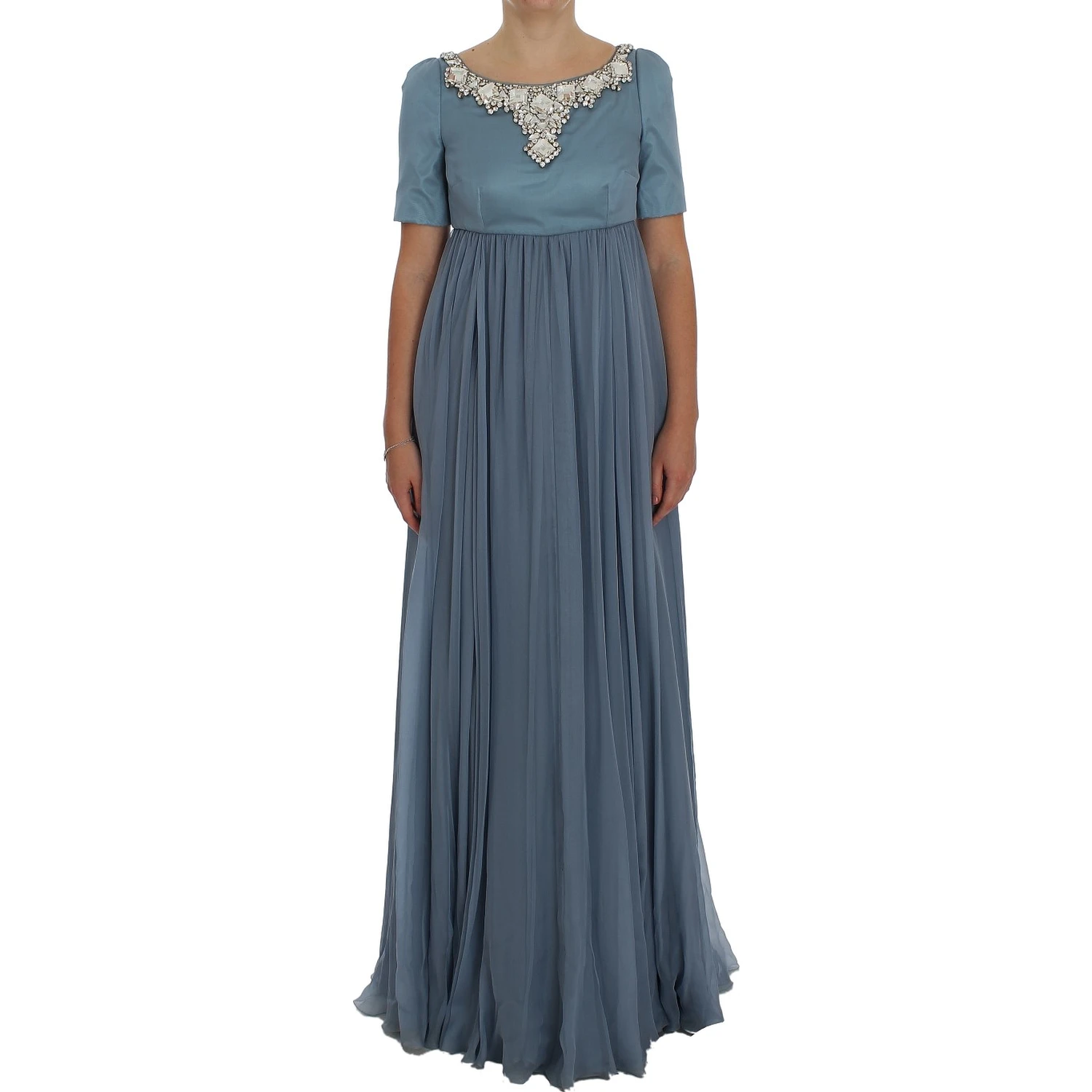 Blue Silk Crystal Sheath Gown Ball Dress
