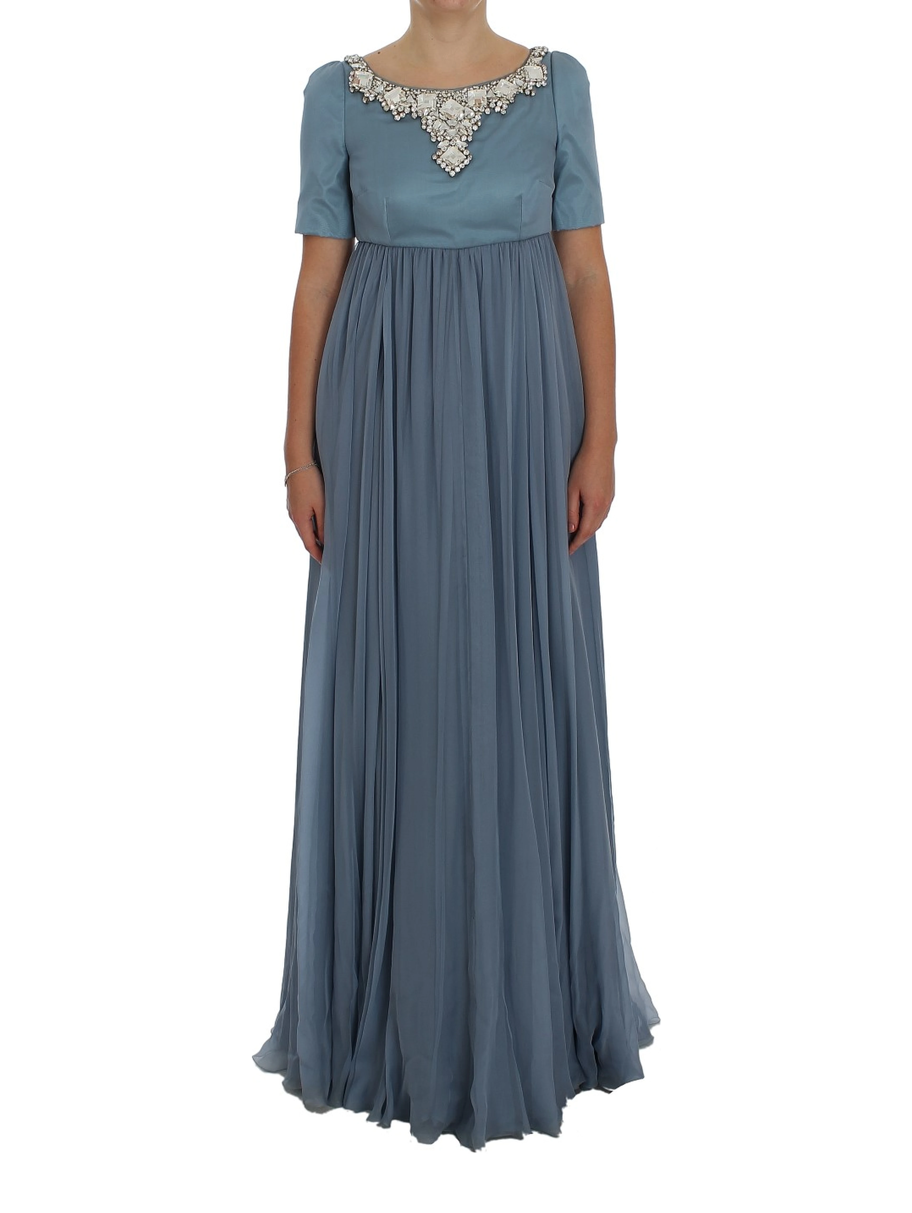 Blue Silk Crystal Sheath Gown Ball Dress