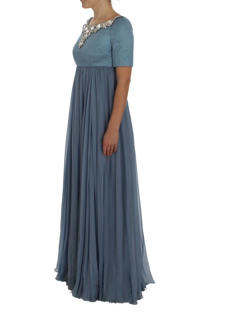 Blue Silk Crystal Sheath Gown Ball Dress