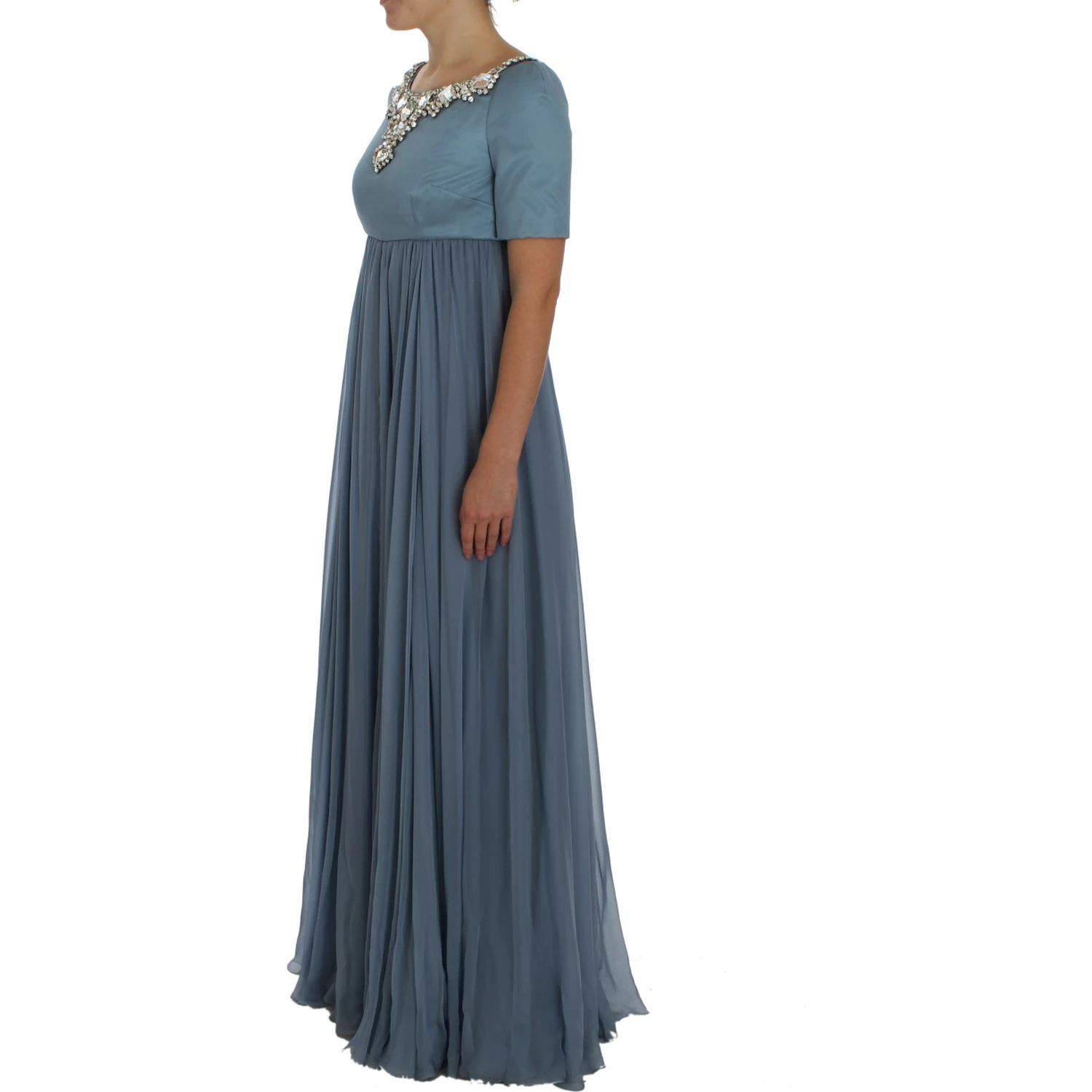 Blue Silk Crystal Sheath Gown Ball Dress