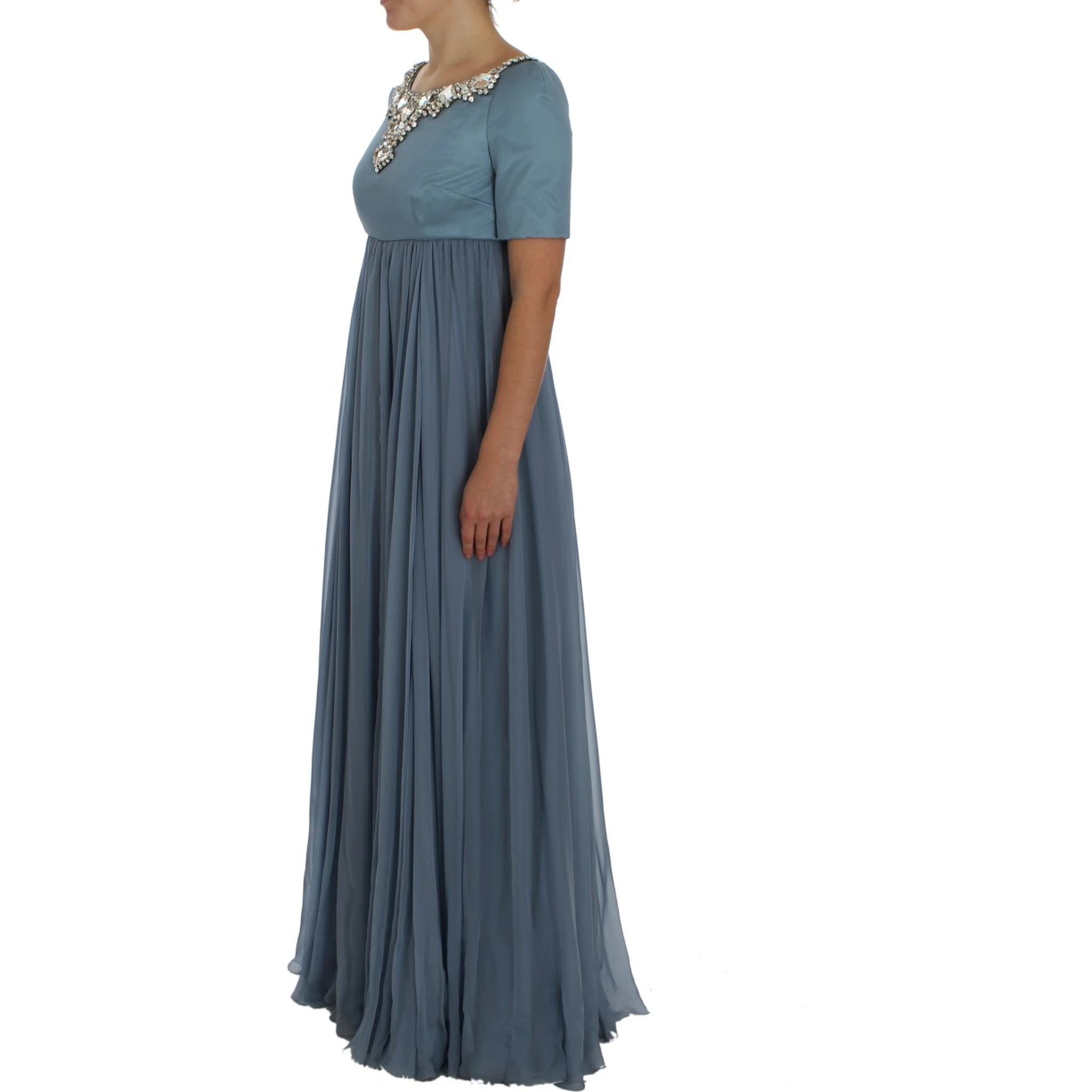 Blue Silk Crystal Sheath Gown Ball Dress