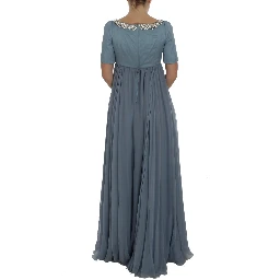 Blue Silk Crystal Sheath Gown Ball Dress