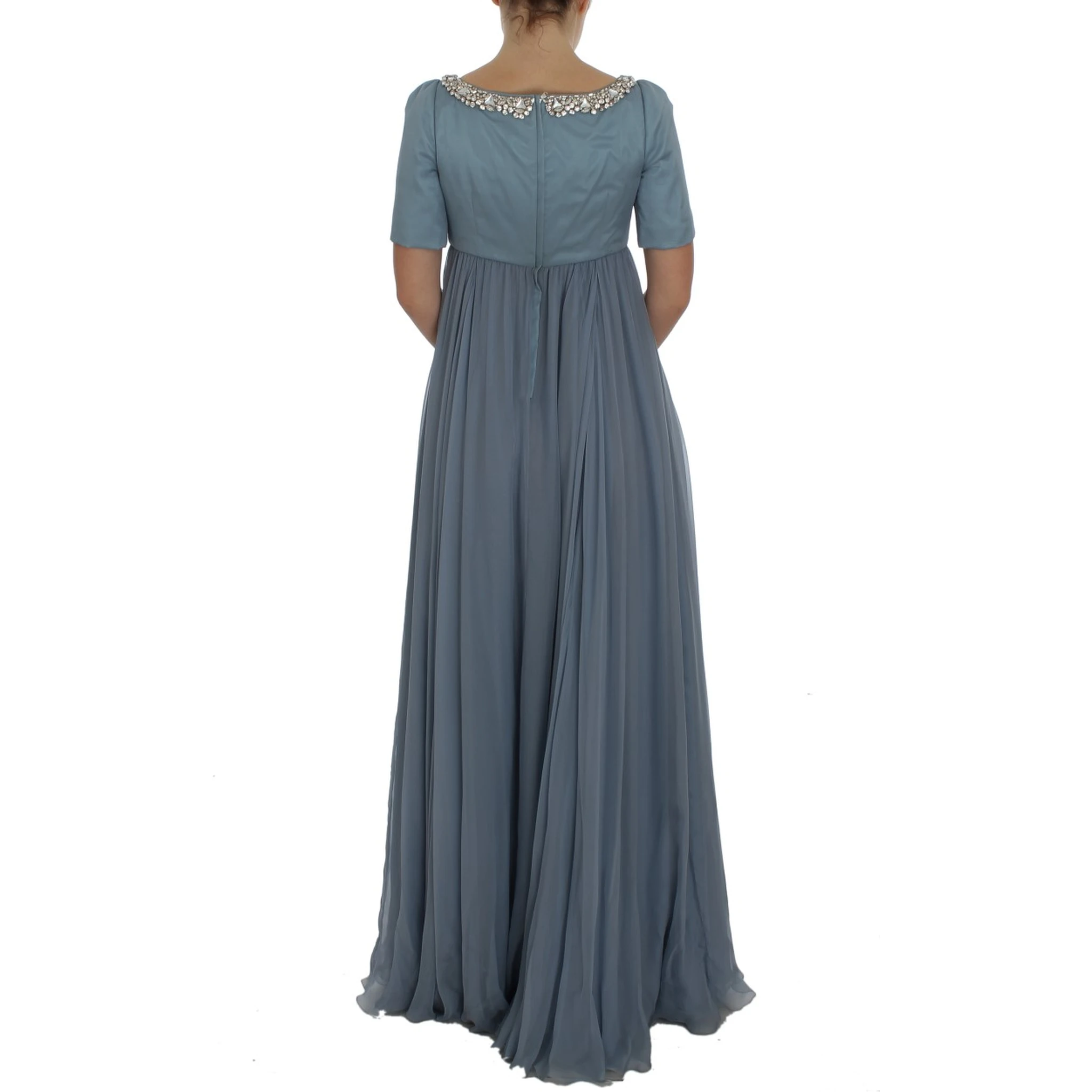 Blue Silk Crystal Sheath Gown Ball Dress