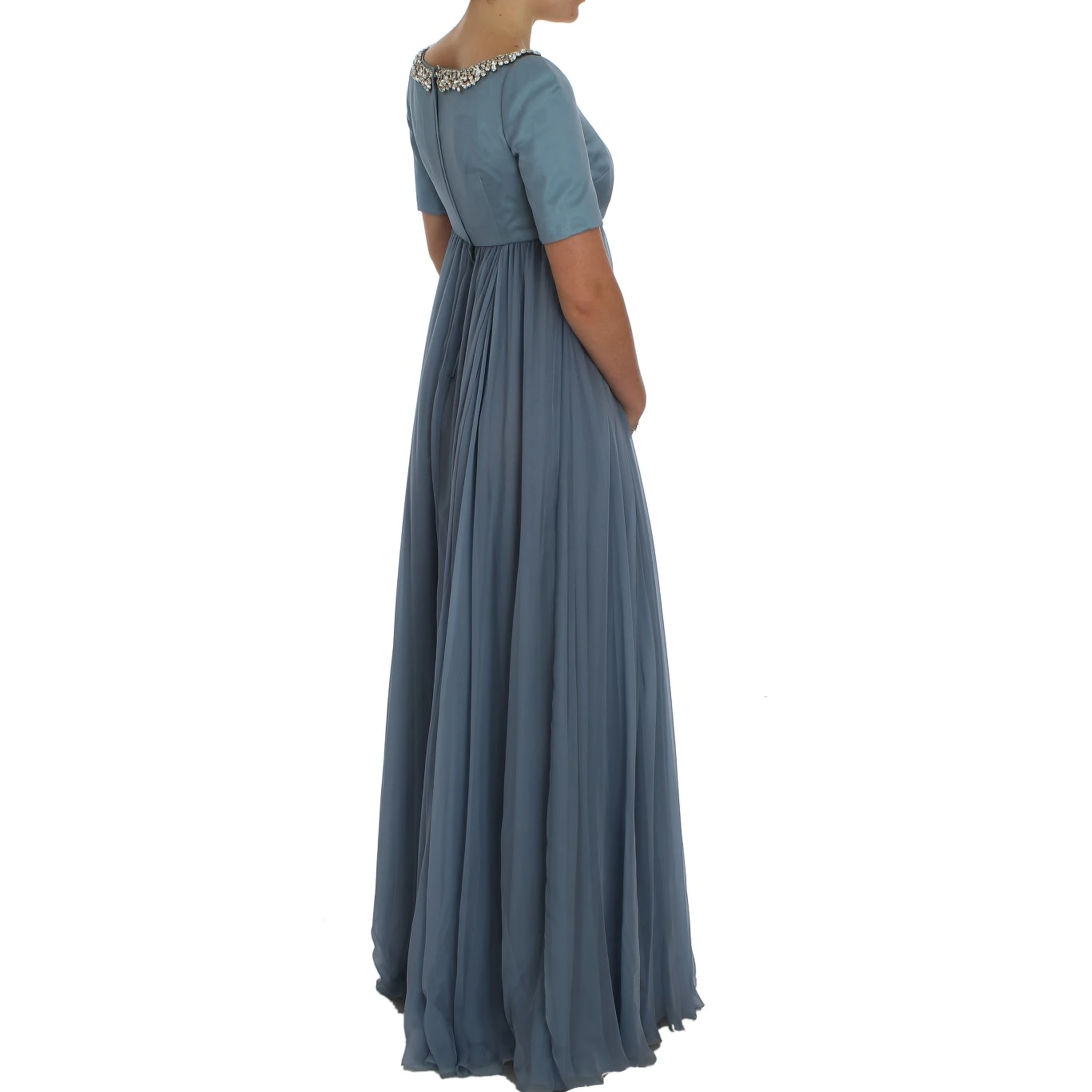 Blue Silk Crystal Sheath Gown Ball Dress