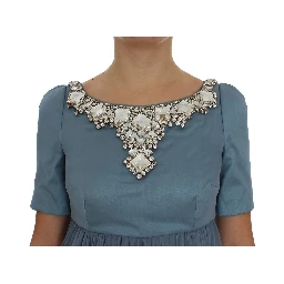 Blue Silk Crystal Sheath Gown Ball Dress