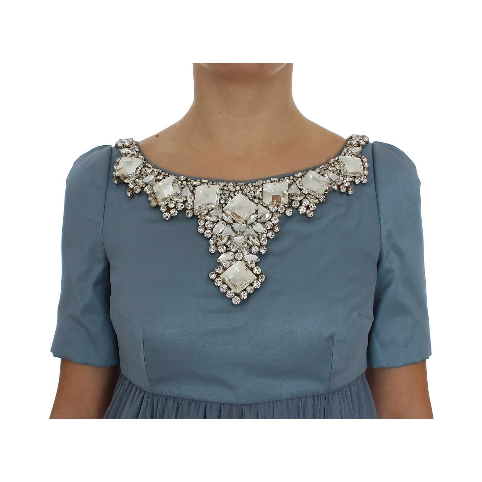 Blue Silk Crystal Sheath Gown Ball Dress