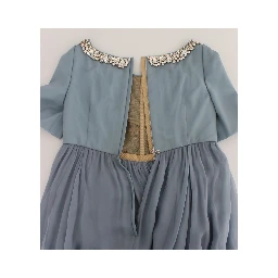 Blue Silk Crystal Sheath Gown Ball Dress