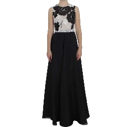 Black White Floral Silk Sheath Gown Dress