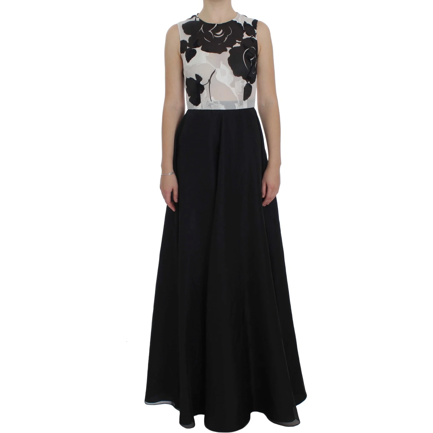 Black White Floral Silk Sheath Gown Dress