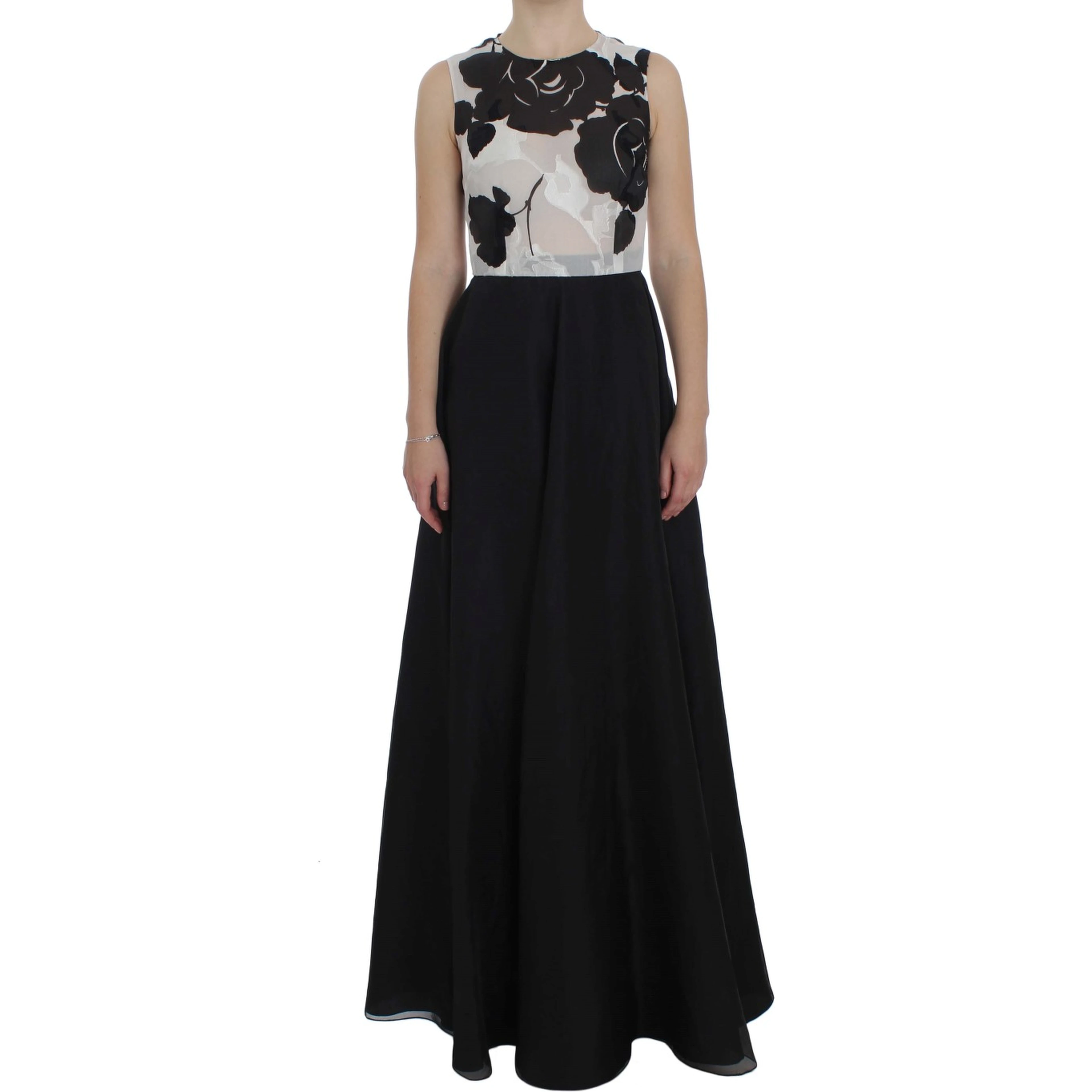 Black White Floral Silk Sheath Gown Dress