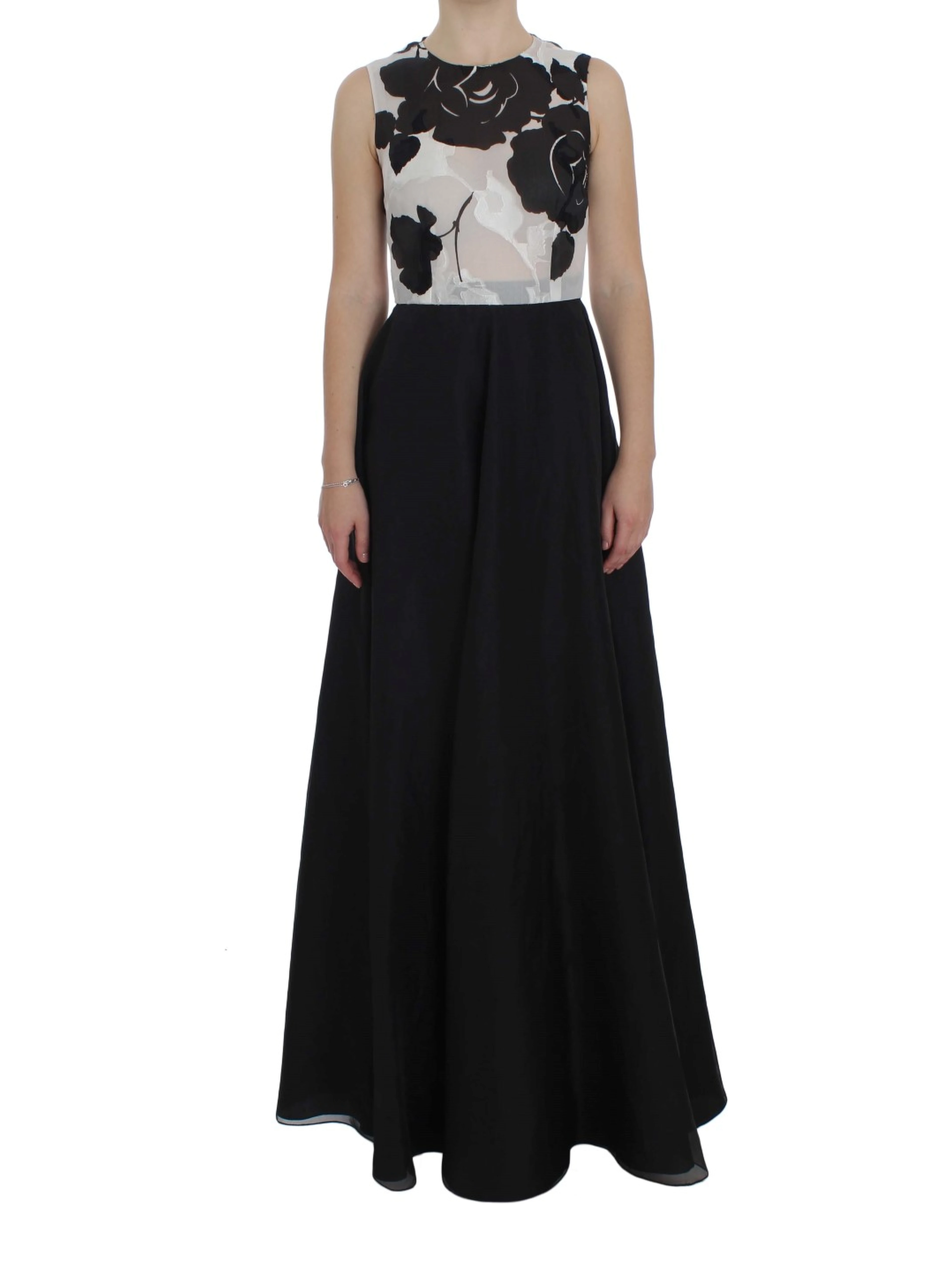Black White Floral Silk Sheath Gown Dress