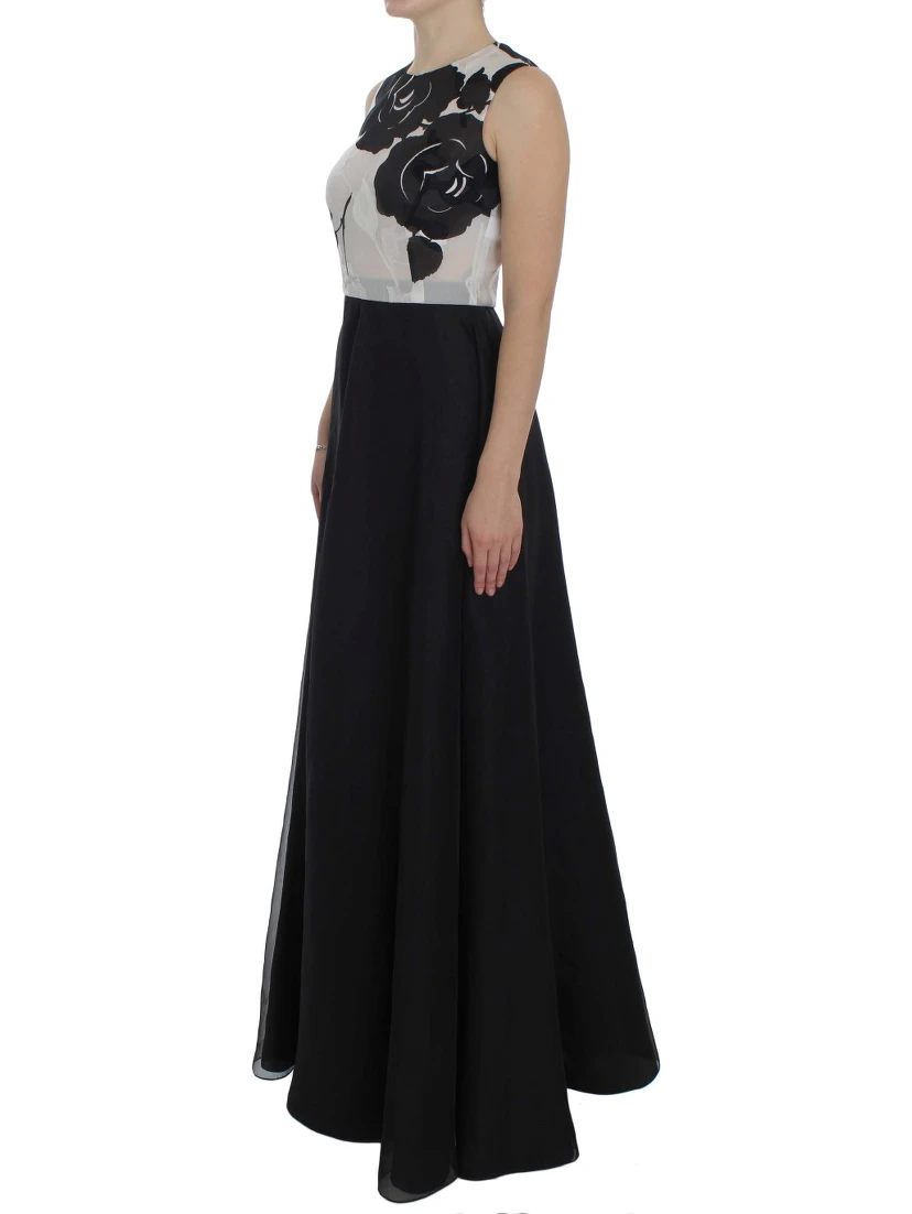 Black White Floral Silk Sheath Gown Dress