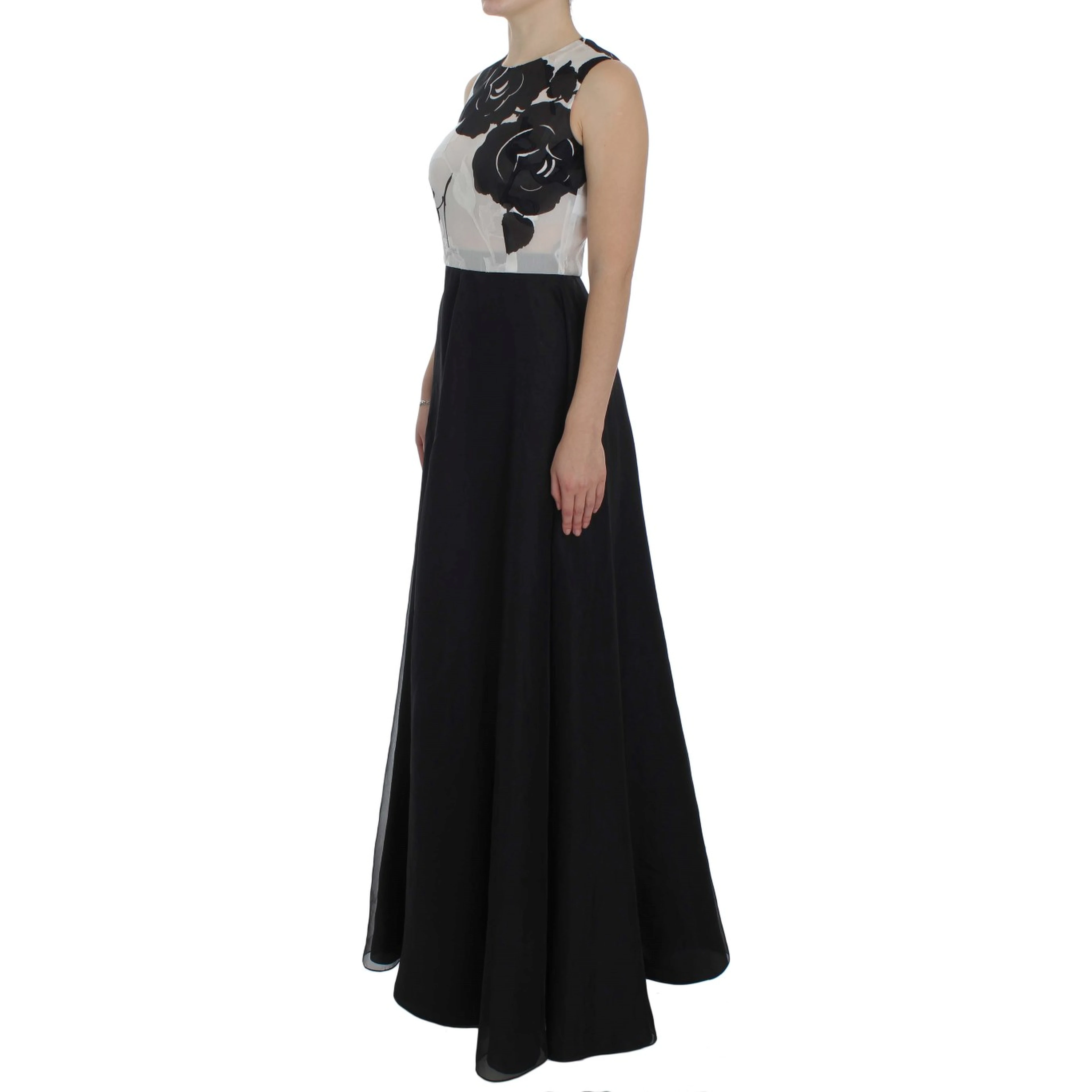 Black White Floral Silk Sheath Gown Dress
