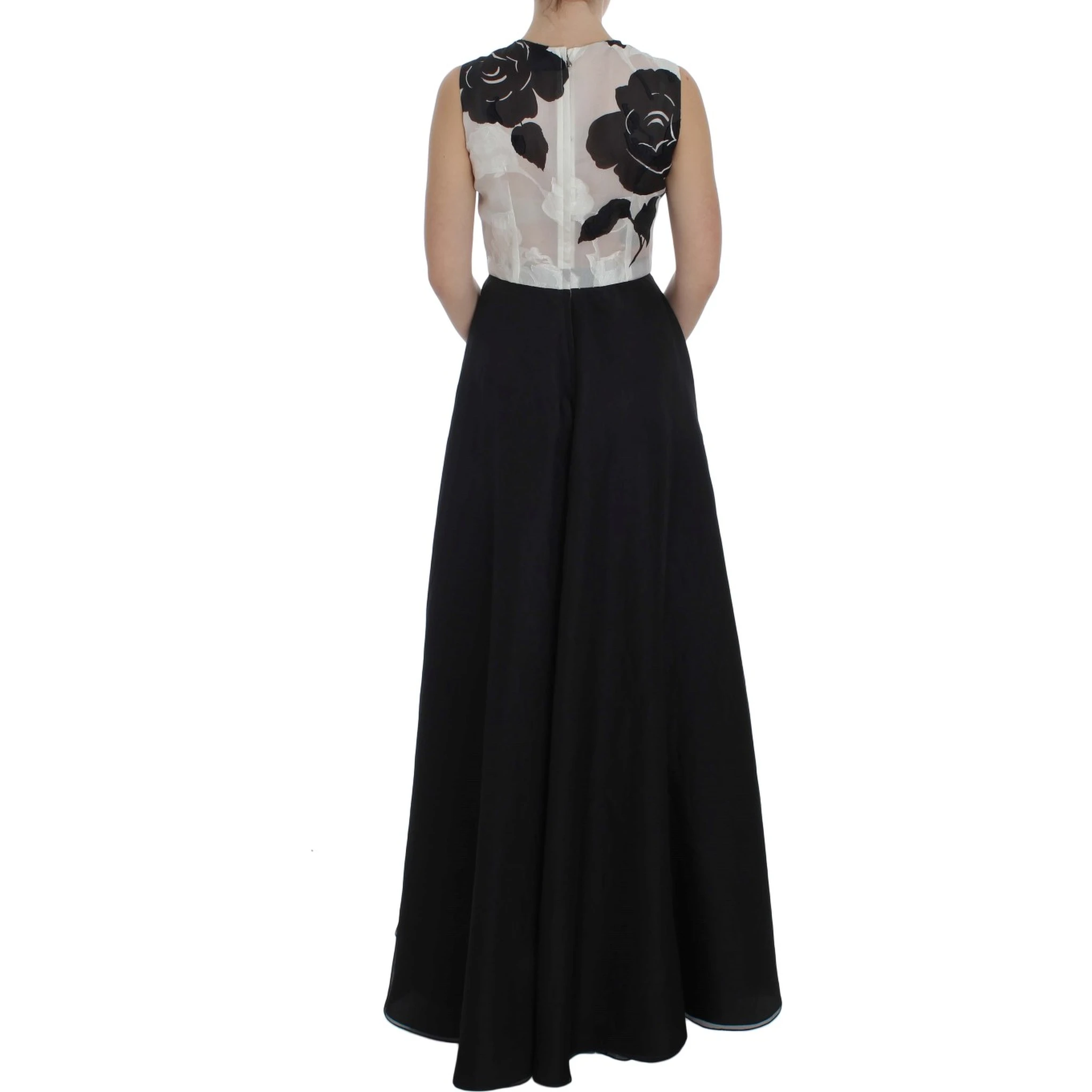 Black White Floral Silk Sheath Gown Dress