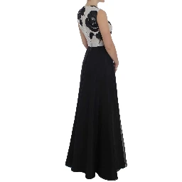 Black White Floral Silk Sheath Gown Dress