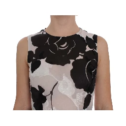 Black White Floral Silk Sheath Gown Dress