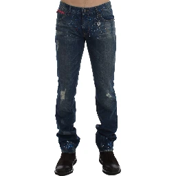 Blue Wash Paint Slim Fit Pants Jeans