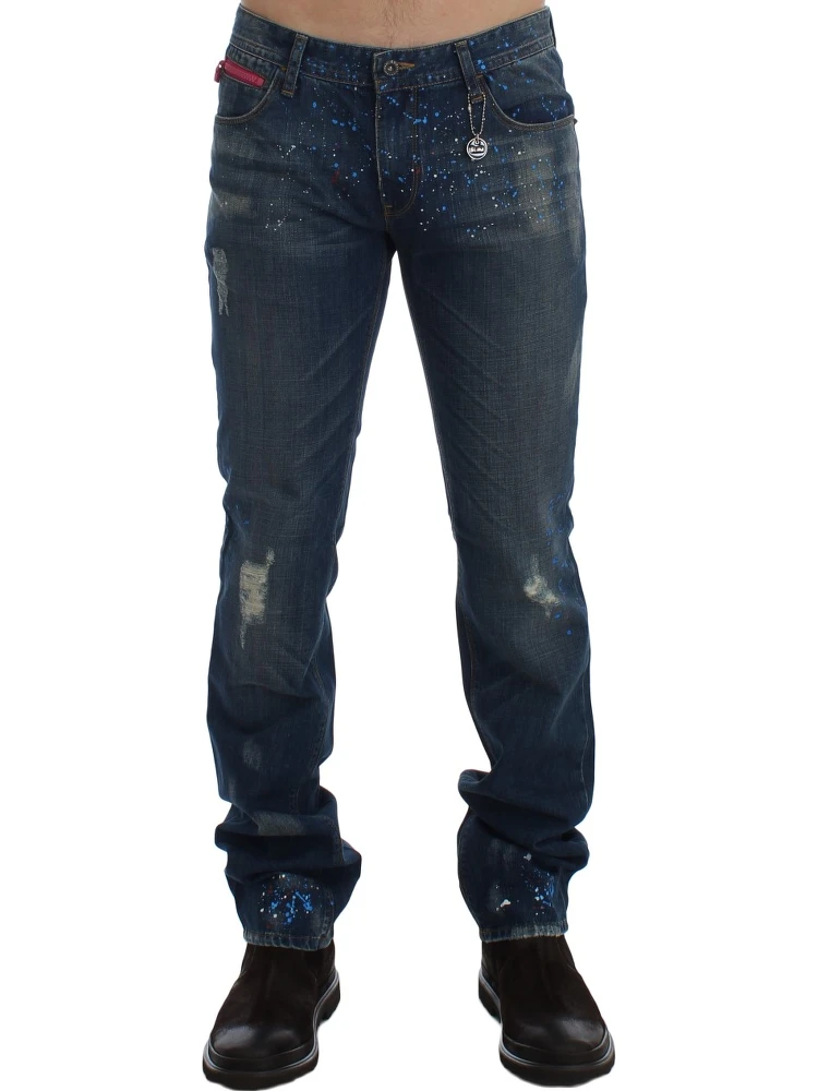 Blue Wash Paint Slim Fit Pants Jeans