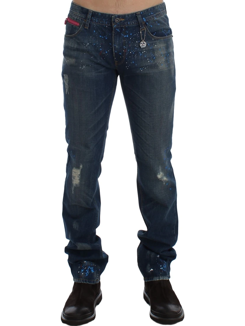 Blue Wash Paint Slim Fit Pants Jeans