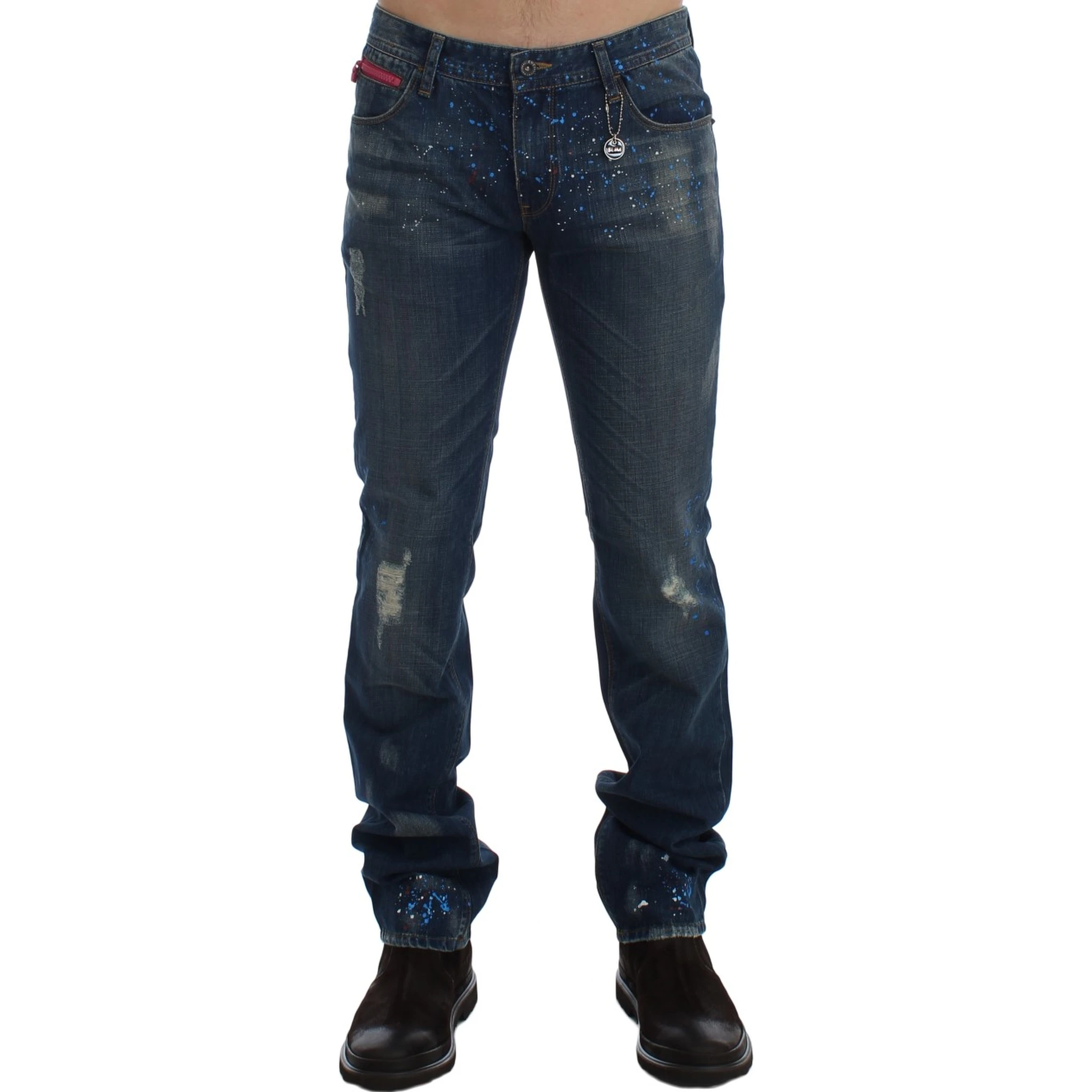 Blue Wash Paint Slim Fit Pants Jeans