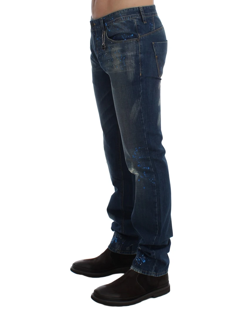 Blue Wash Paint Slim Fit Pants Jeans