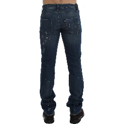 Blue Wash Paint Slim Fit Pants Jeans