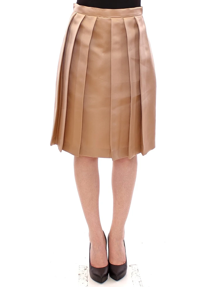 Brown Silk Solid Mini Pleated Skirt