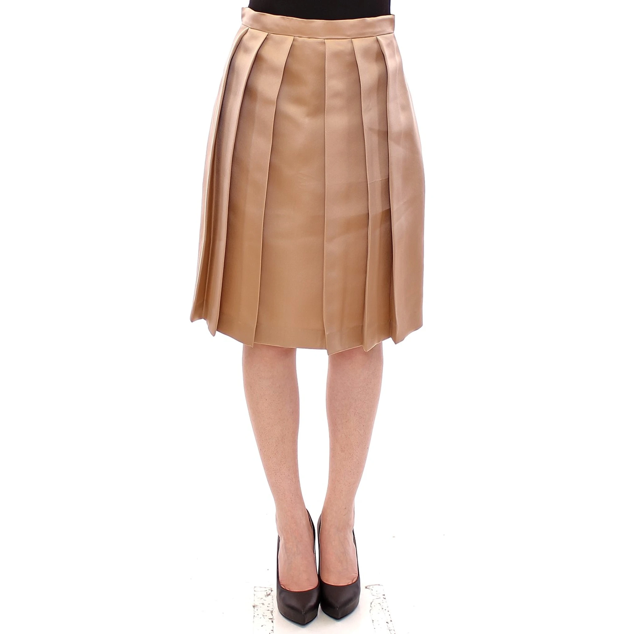Brown Silk Solid Mini Pleated Skirt