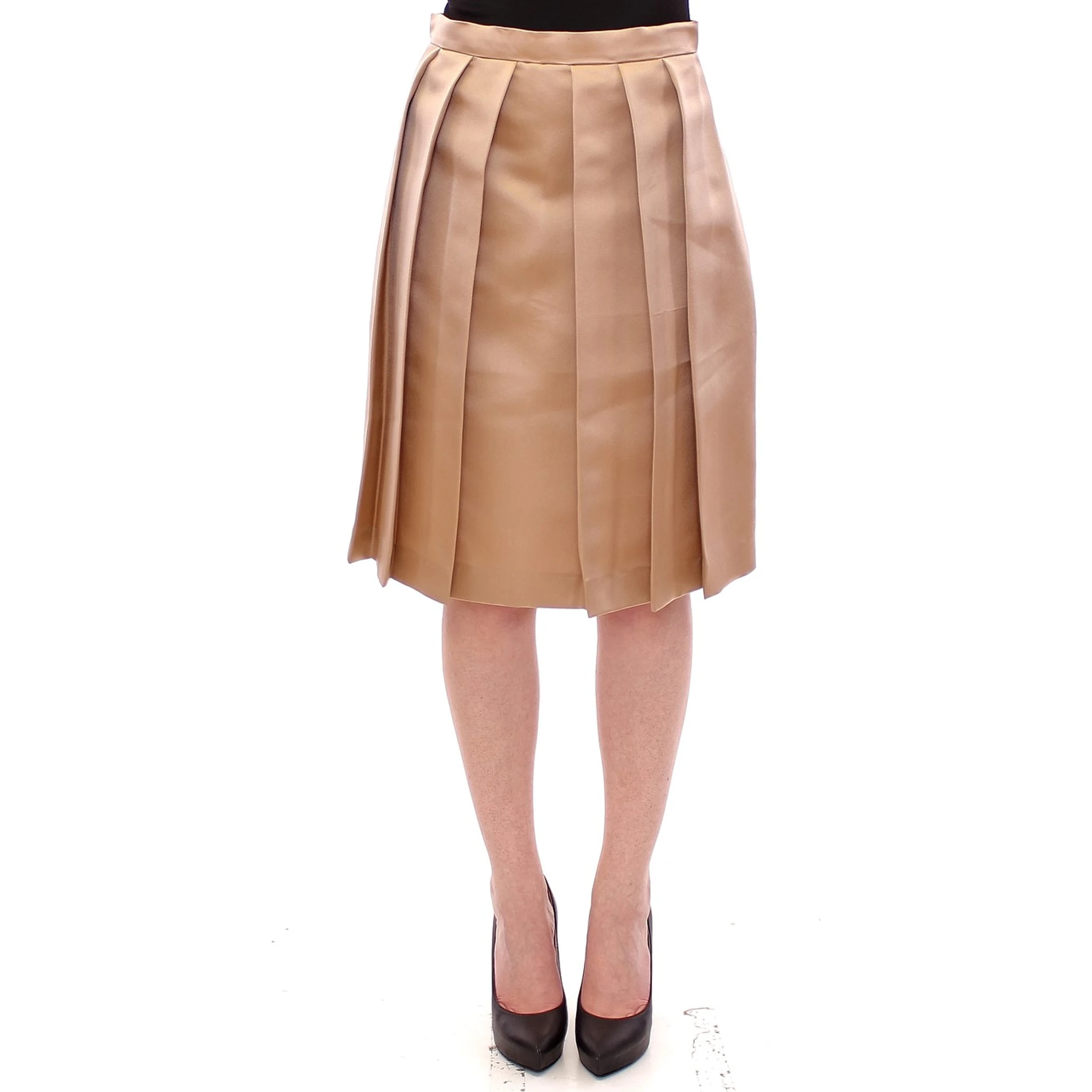 Brown Silk Solid Mini Pleated Skirt