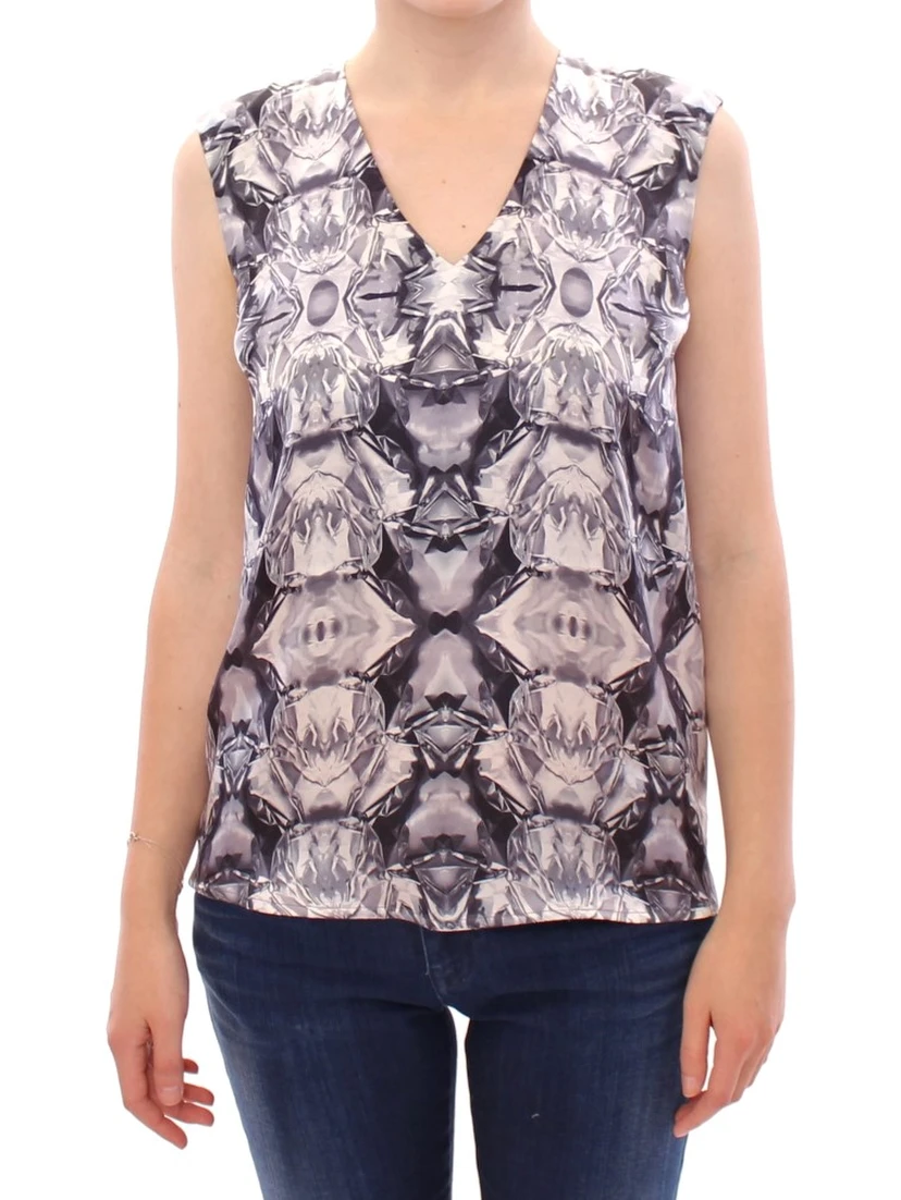 Gray Blue Silk Sleeveless Top Shirt Blouse