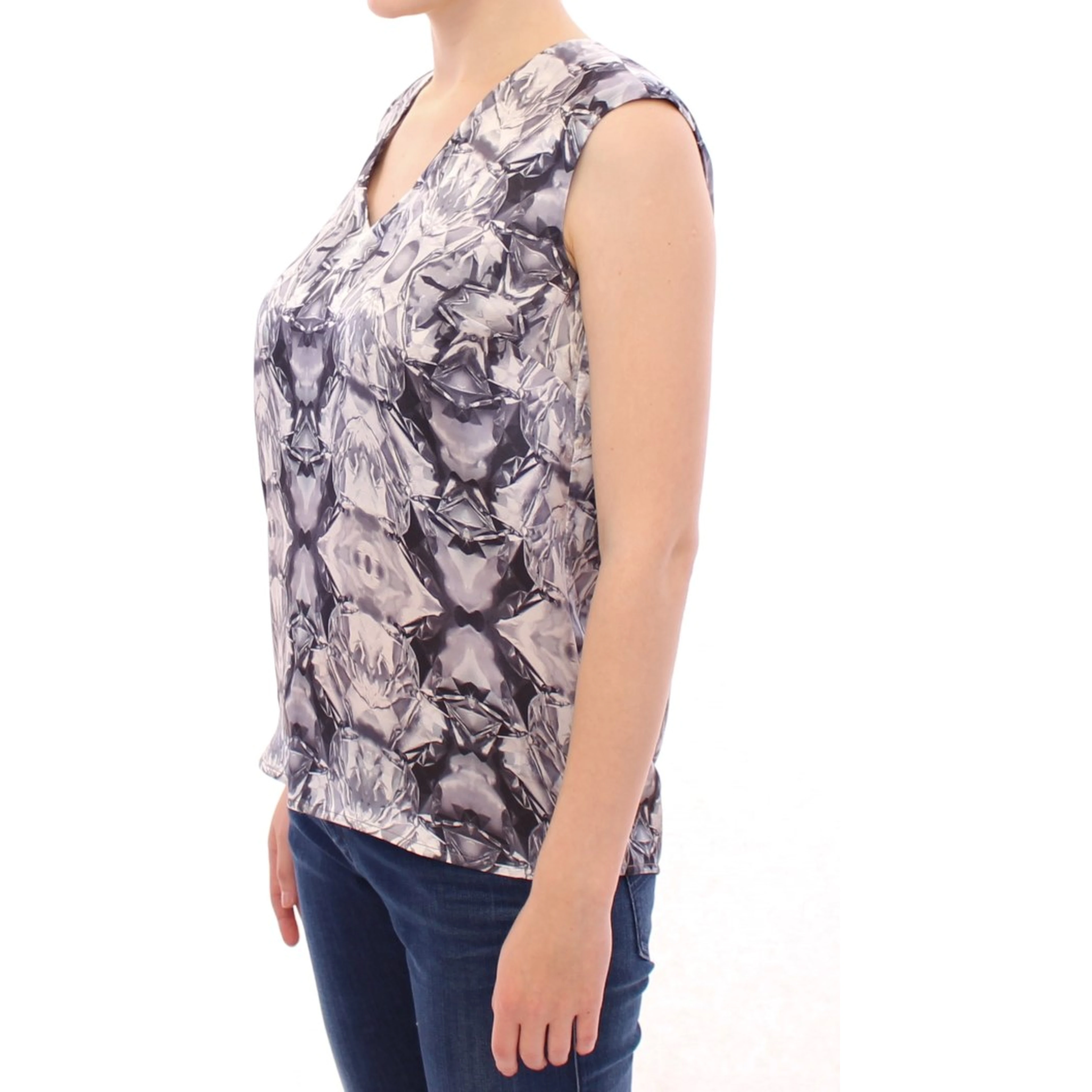 Gray Blue Silk Sleeveless Top Shirt Blouse