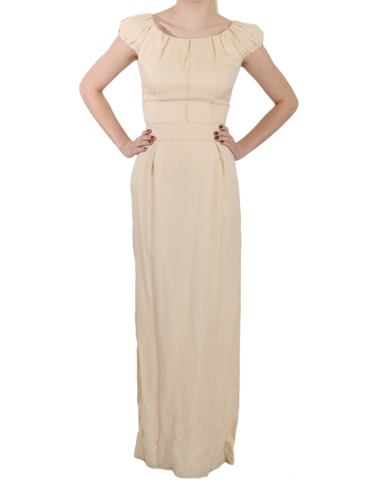 Beige Silk Column Cap Sleeve Gown Dress