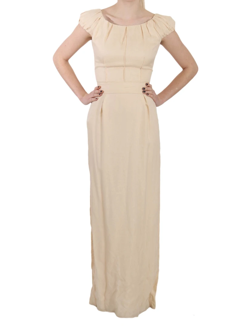 Beige Silk Column Cap Sleeve Gown Dress