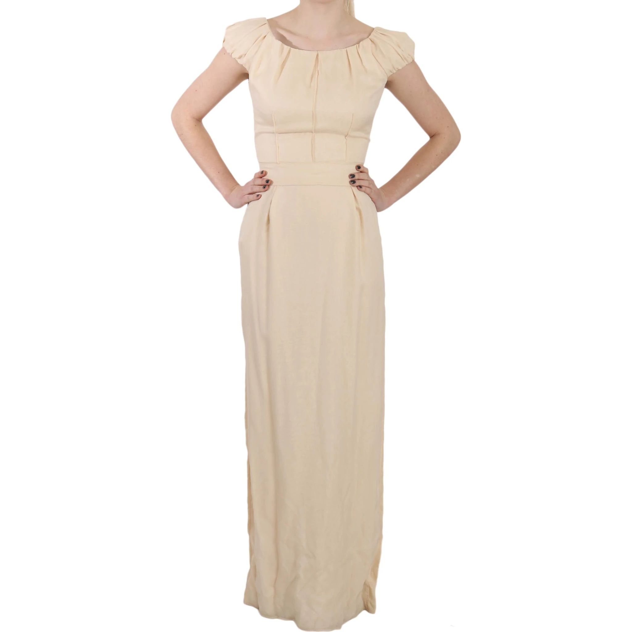 Beige Silk Column Cap Sleeve Gown Dress