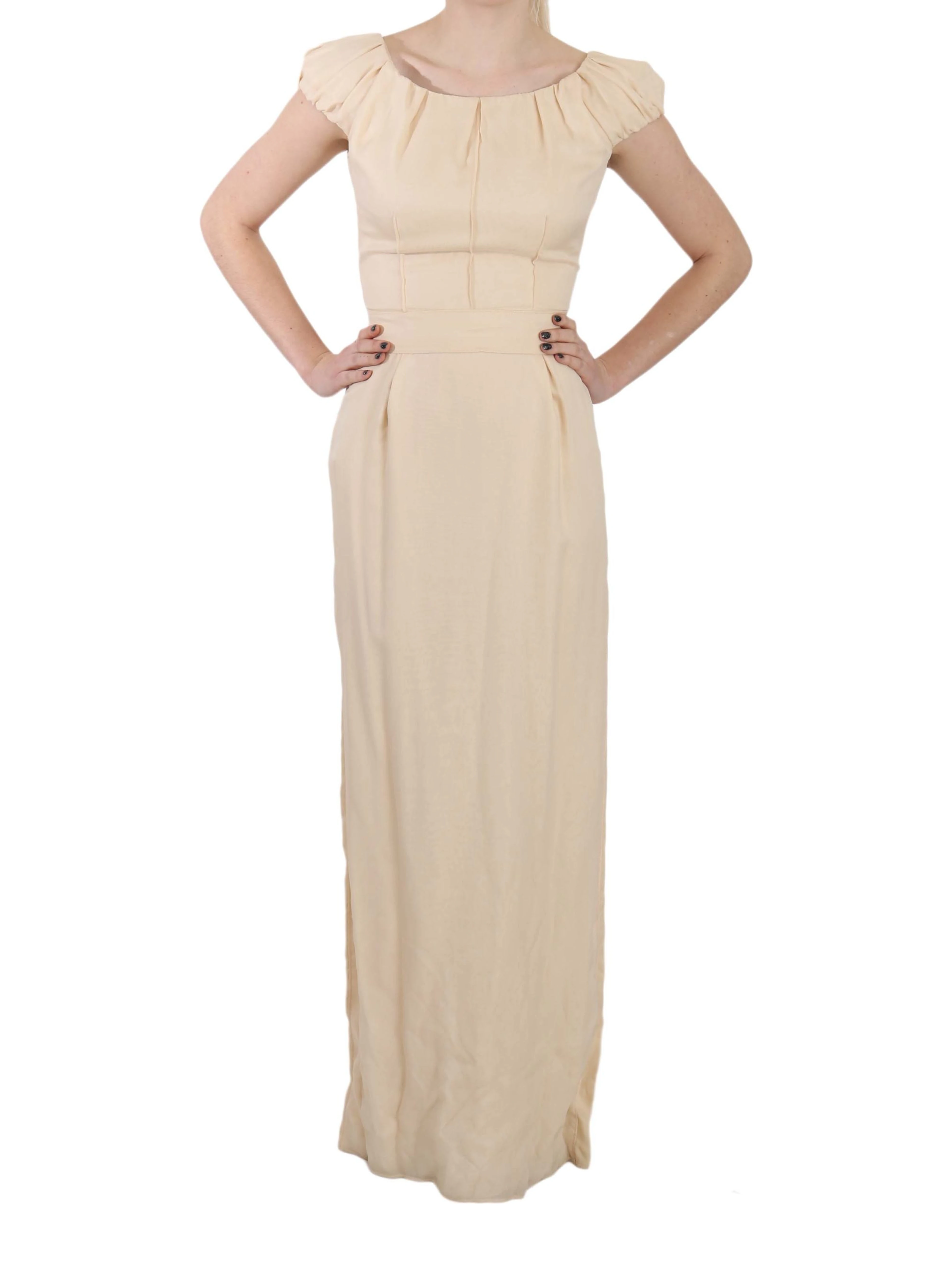 Beige Silk Column Cap Sleeve Gown Dress