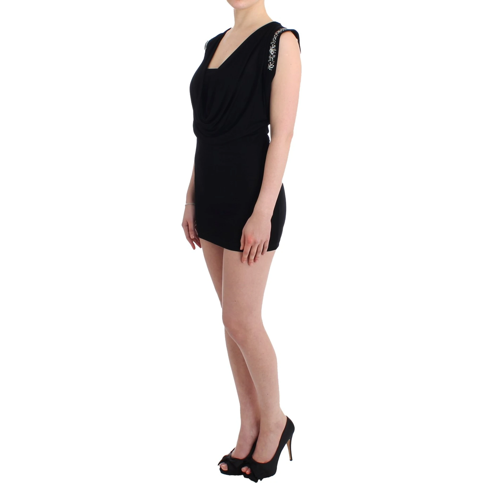 Black Embellished Jersey Mini Sheath Short Dress