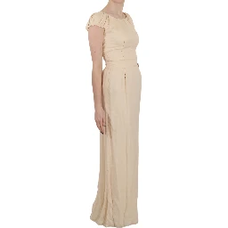 Beige Silk Column Cap Sleeve Gown Dress