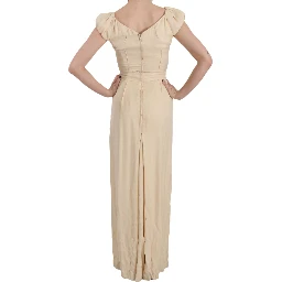 Beige Silk Column Cap Sleeve Gown Dress
