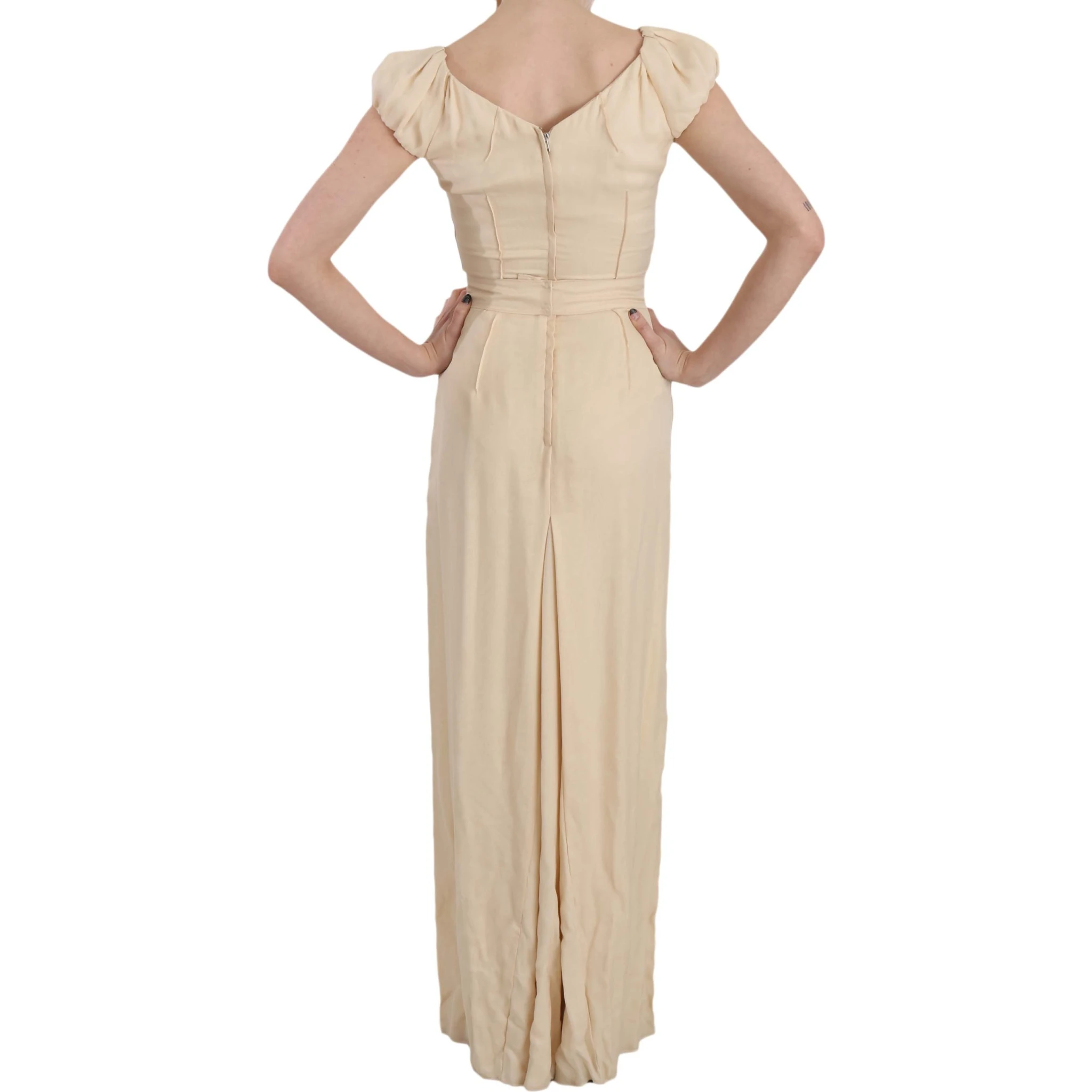 Beige Silk Column Cap Sleeve Gown Dress
