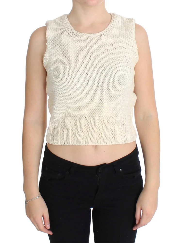 Beige Cotton Blend Knitted Sleeveless Sweater
