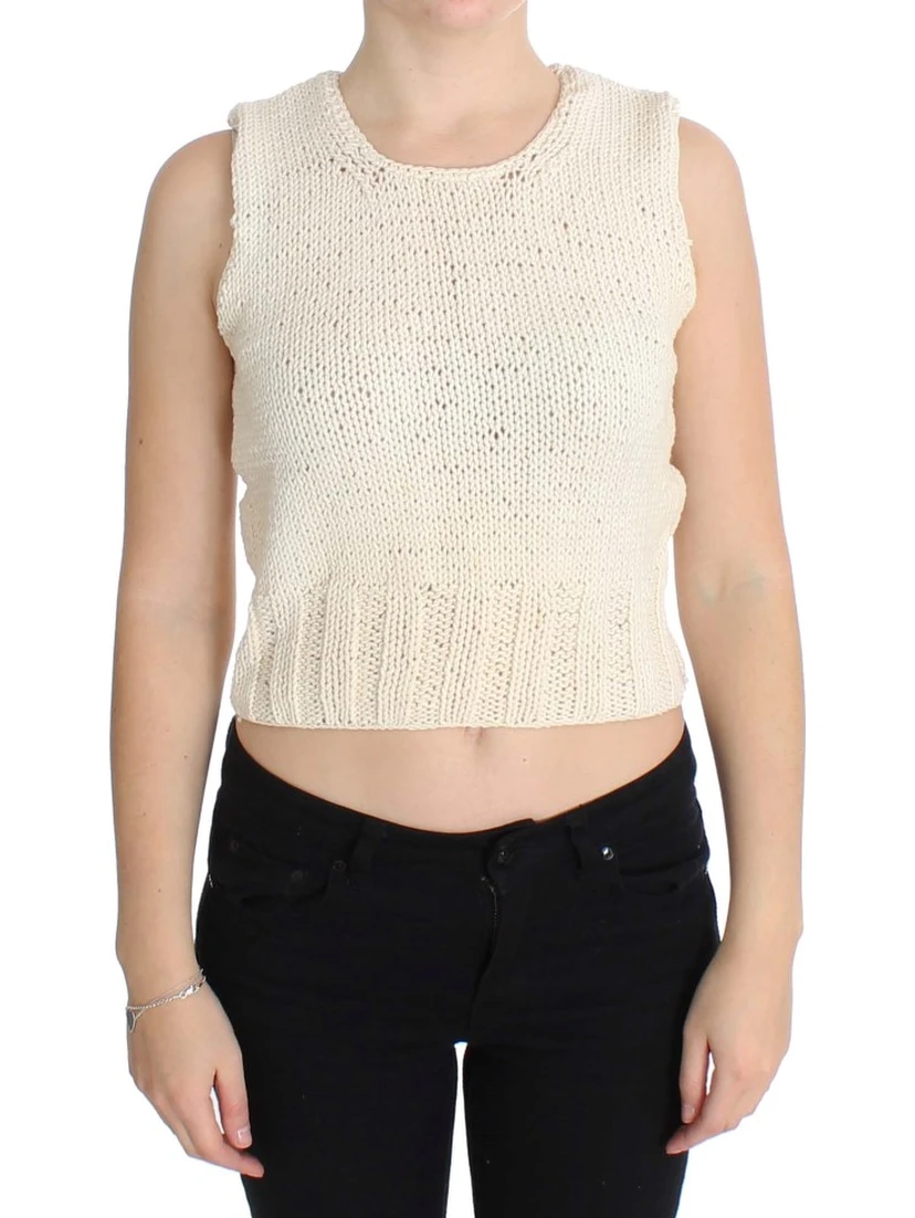 Beige Cotton Blend Knitted Sleeveless Sweater