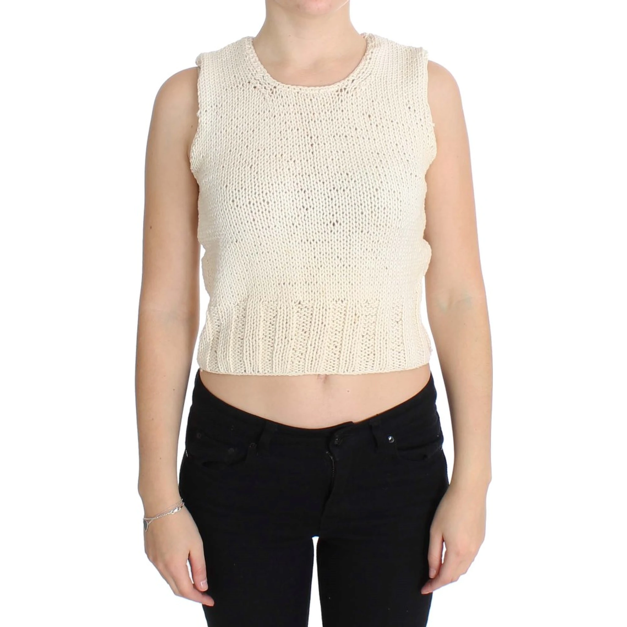 Beige Cotton Blend Knitted Sleeveless Sweater