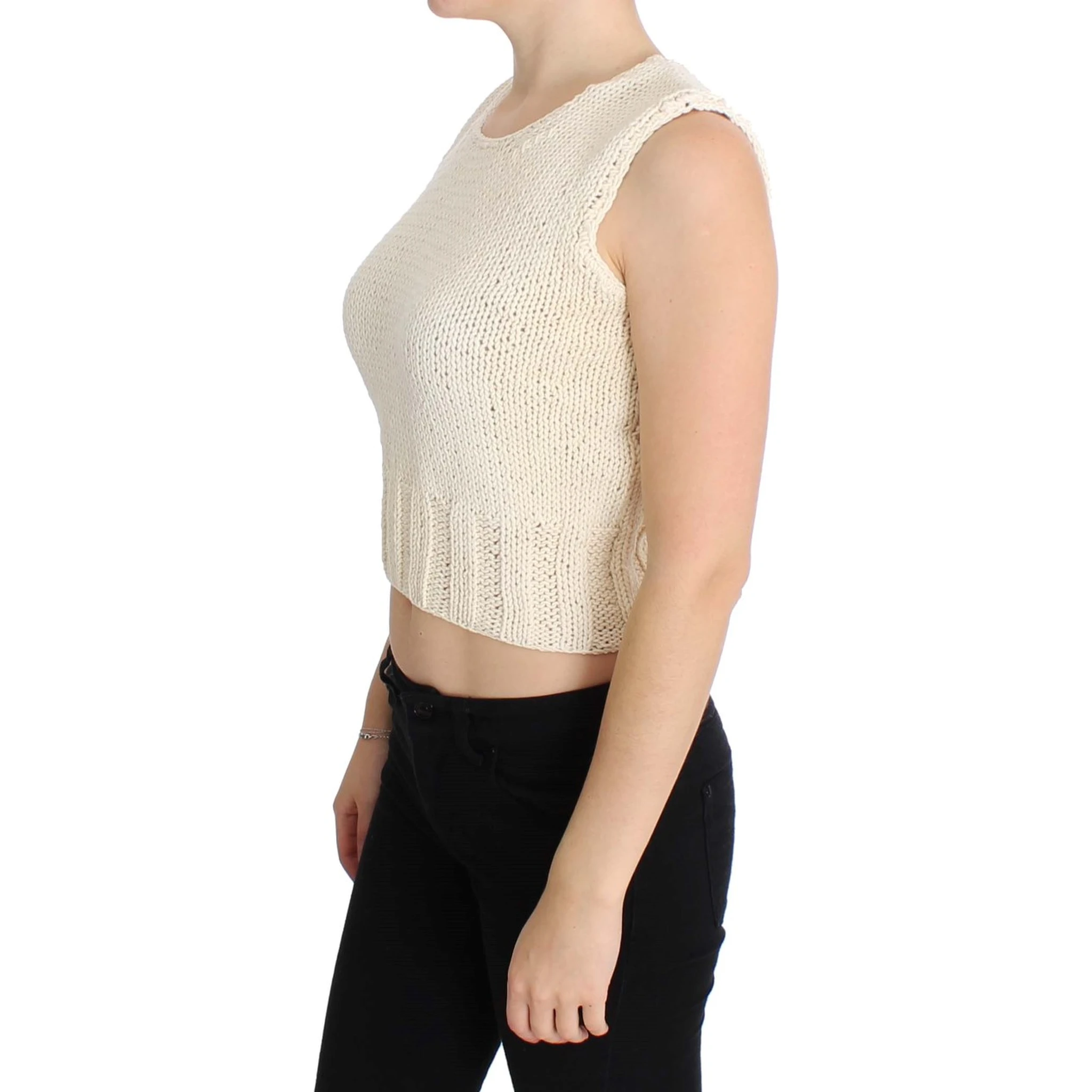 Beige Cotton Blend Knitted Sleeveless Sweater