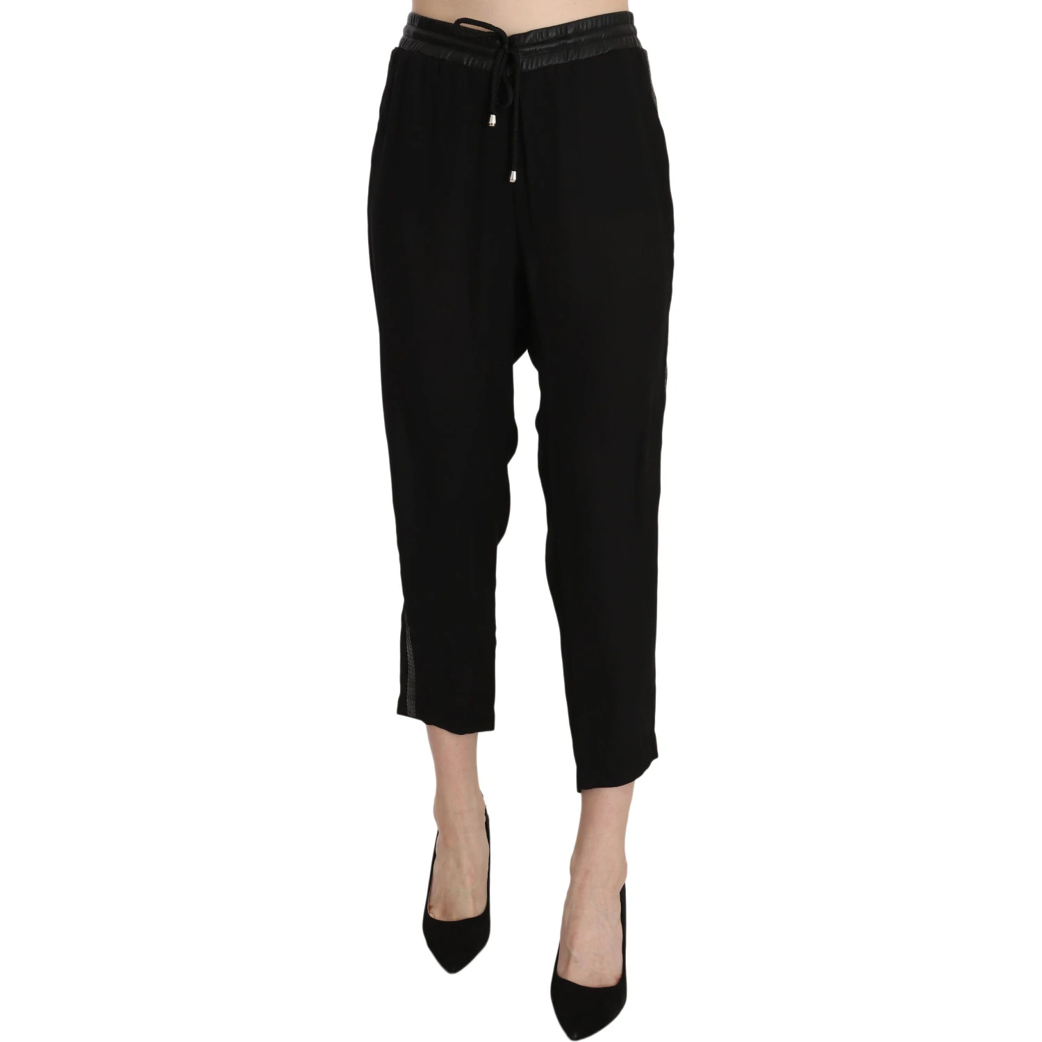 Black Polyester High Waist Cropped Trousers Pants