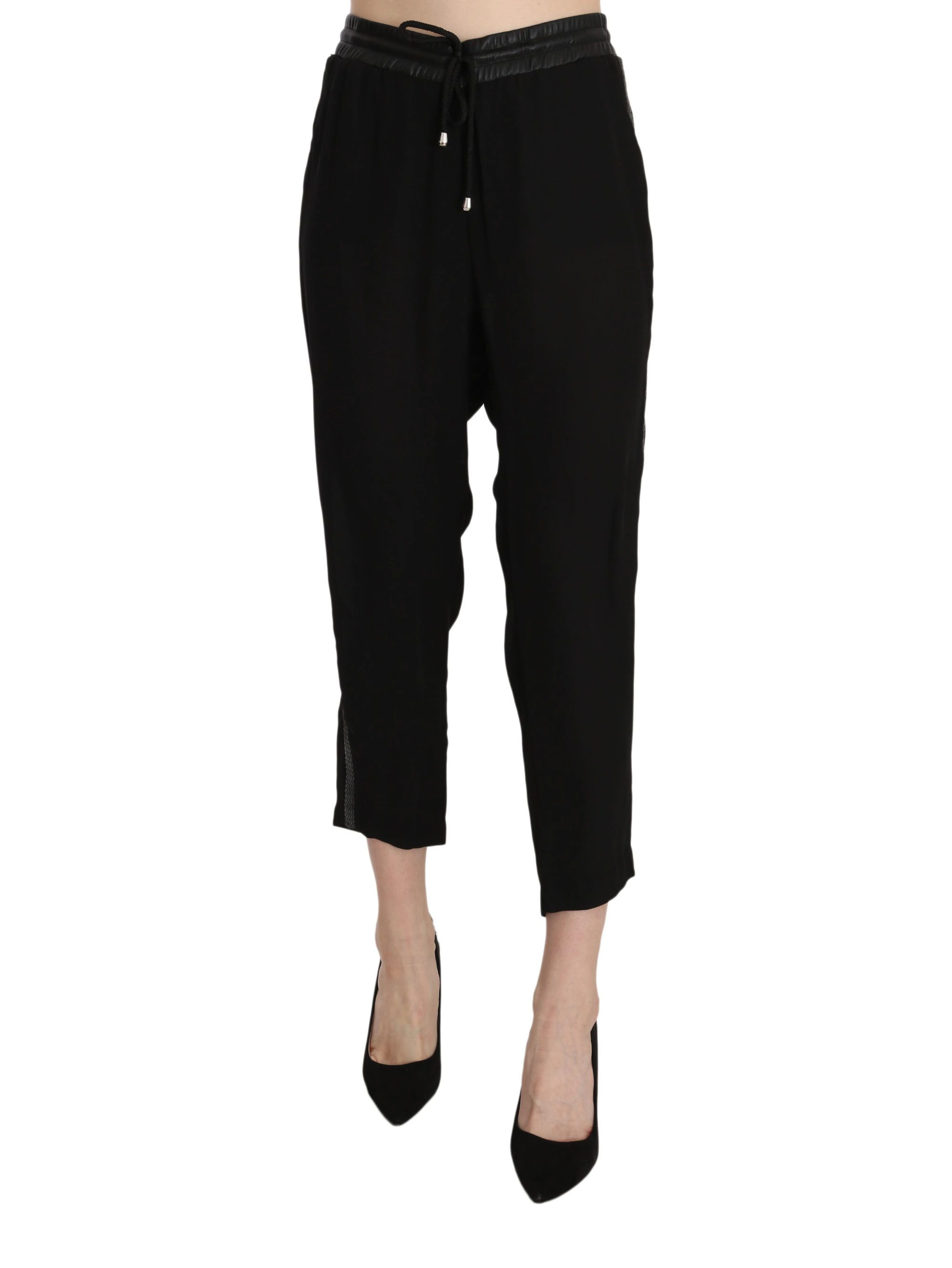 Black Polyester High Waist Cropped Trousers Pants