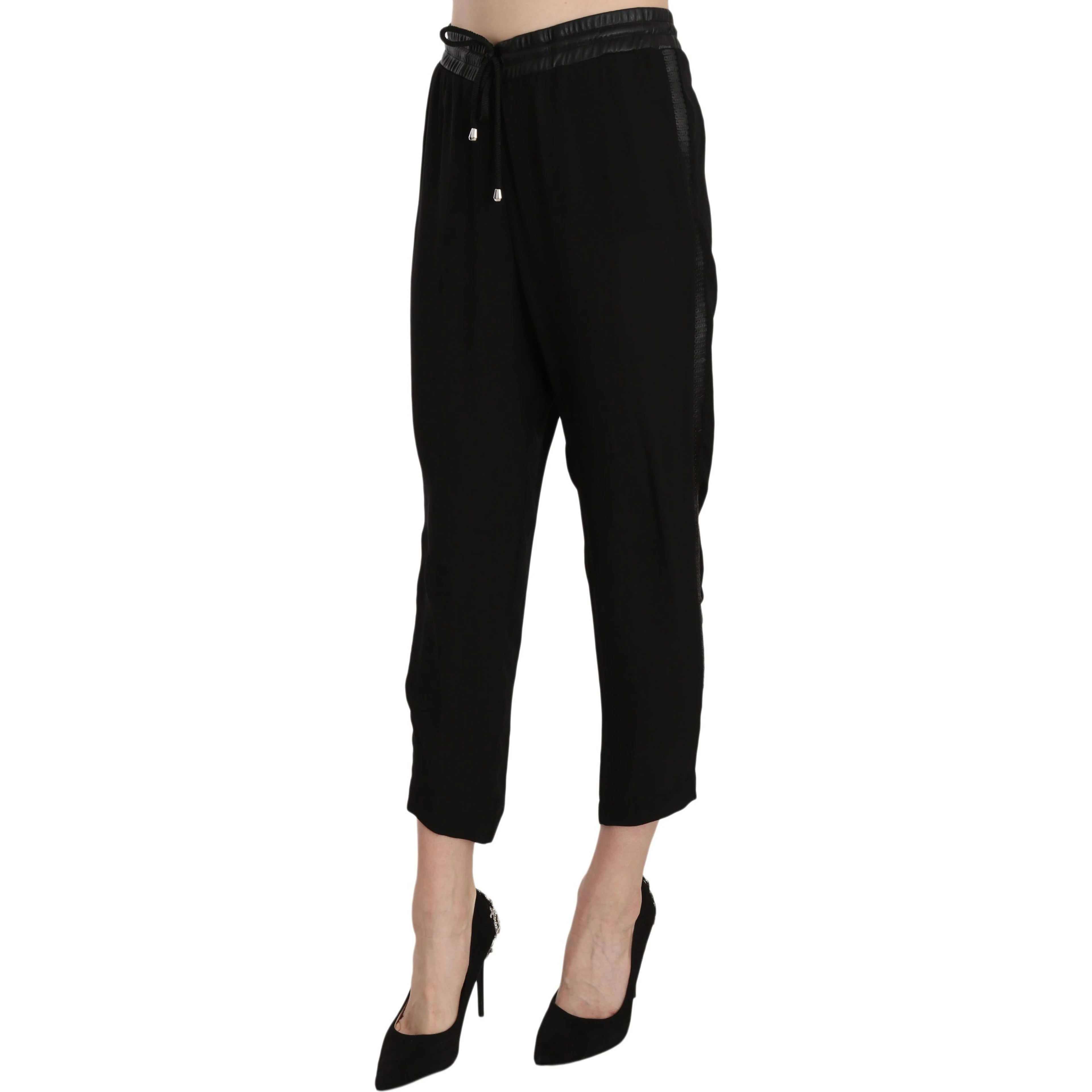 Black Polyester High Waist Cropped Trousers Pants