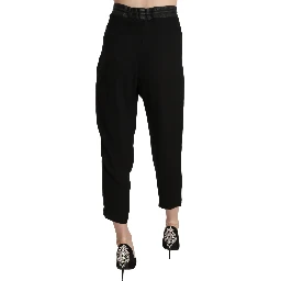 Black Polyester High Waist Cropped Trousers Pants