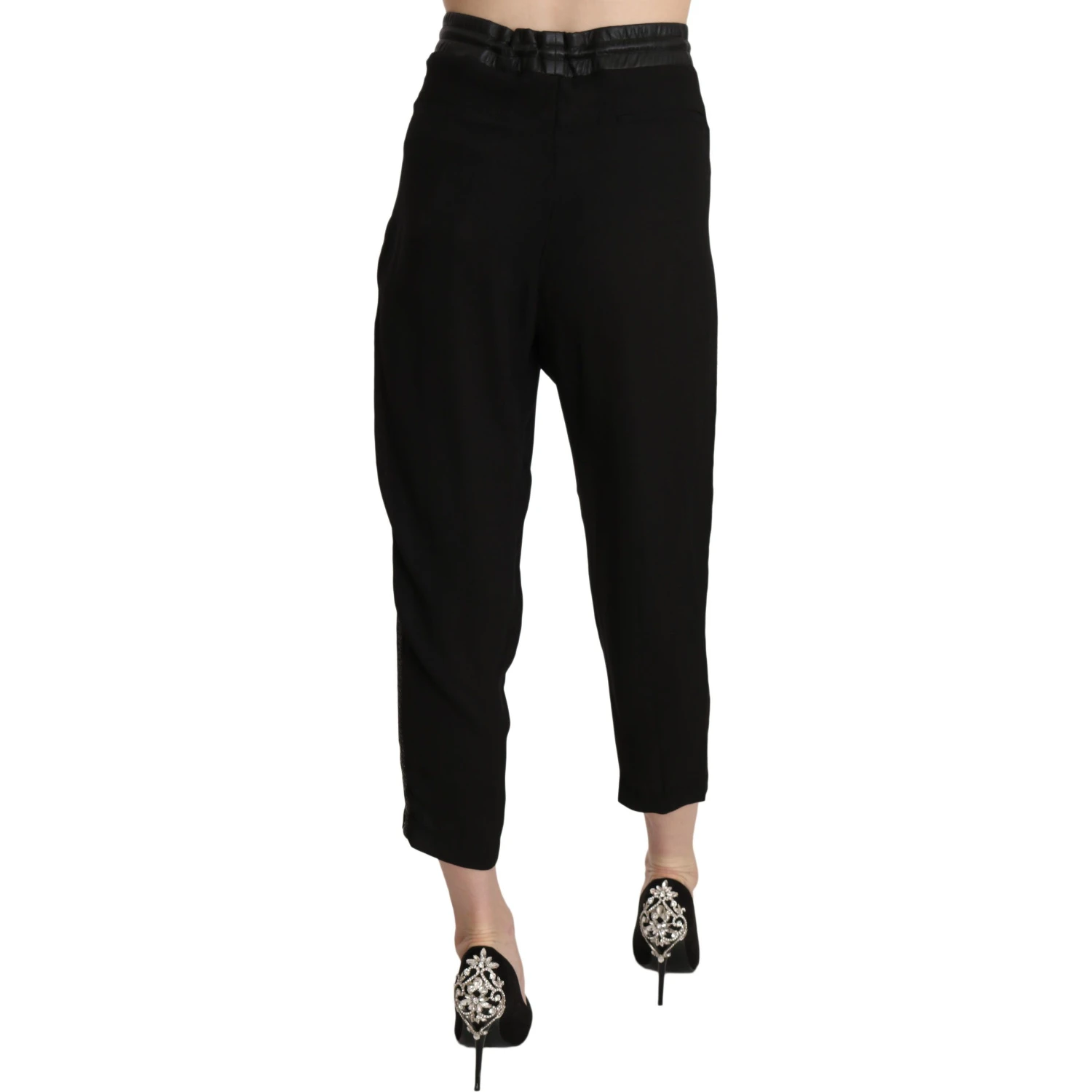 Black Polyester High Waist Cropped Trousers Pants