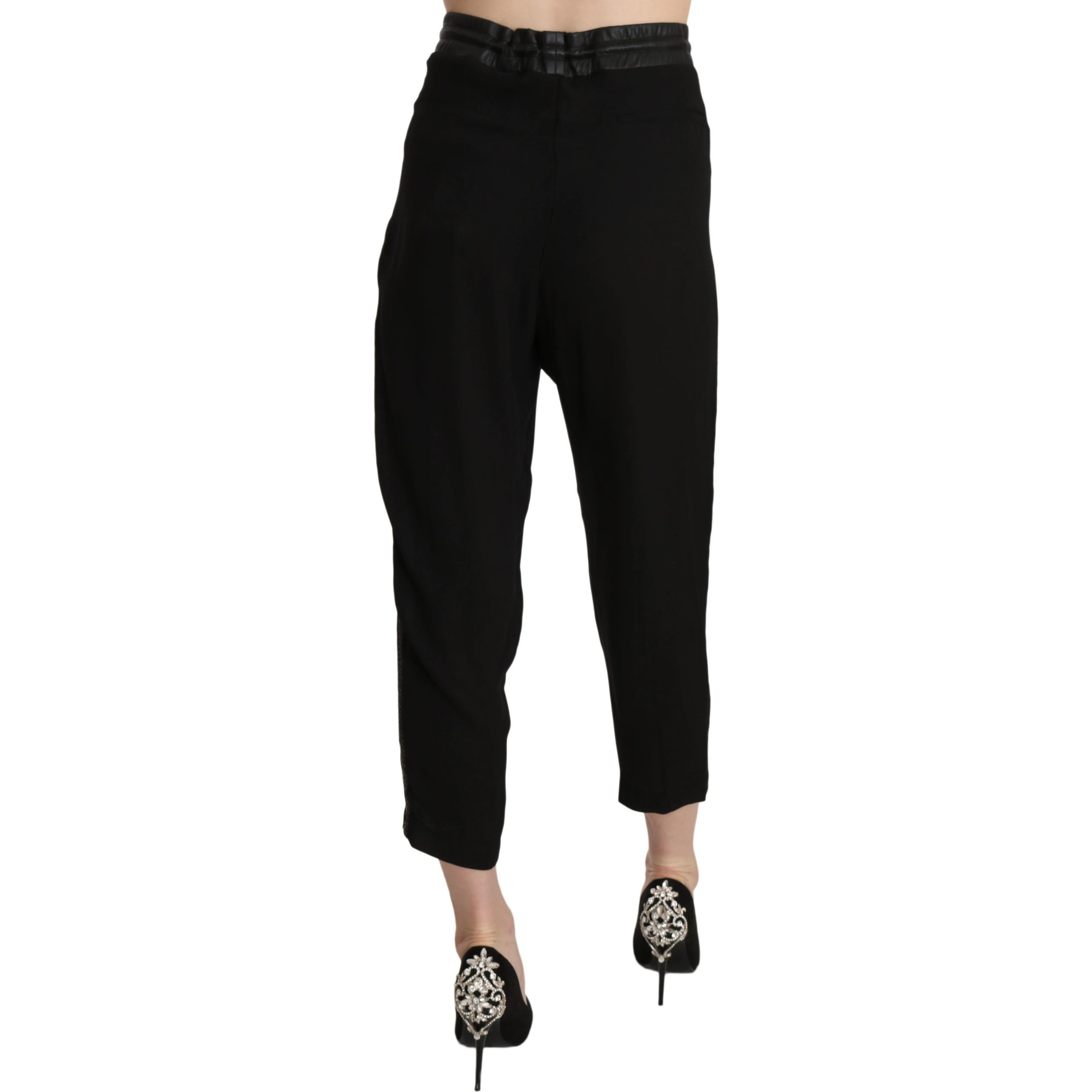 Black Polyester High Waist Cropped Trousers Pants